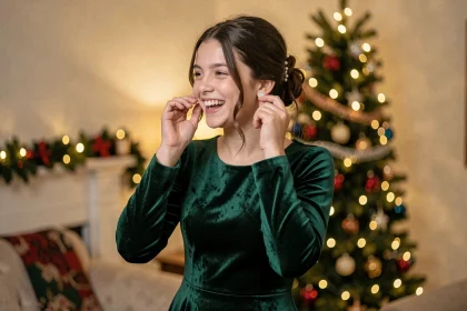 Adolescente en robe de velours vert émeraude élégante pour le réveillon du Nouvel An, coiffure soignée et accessoires discrets dans un salon décoré pour les fêtes