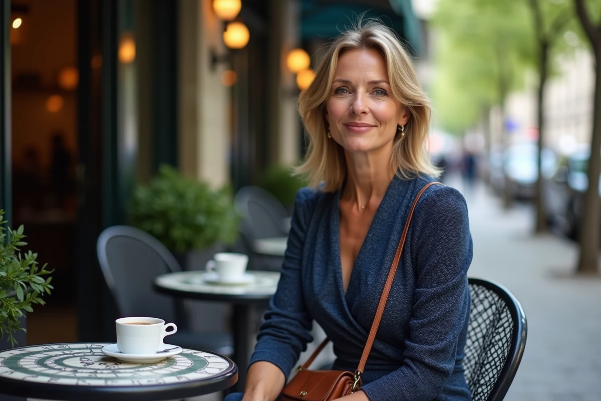 Femme en robe portefeuille SINEQUANONE bleu marine en crêpe géométrique attablée en terrasse de café parisien