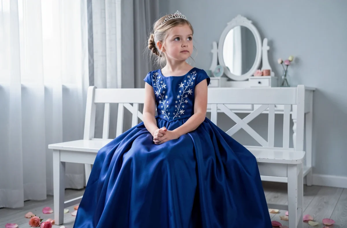 Fillette d'environ 7 ans portant une robe princesse bleue en satin brodé d'étoiles argentées, assise sur un banc blanc dans une chambre lumineuse avec un diadème dans les cheveux