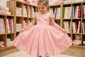 Petite fille d'environ 6 ans essayant une robe princesse rose en tulle dans une boutique enfantine, souriant en regardant la jupe volumineuse