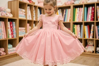 Petite fille d'environ 6 ans essayant une robe princesse rose en tulle dans une boutique enfantine, souriant en regardant la jupe volumineuse