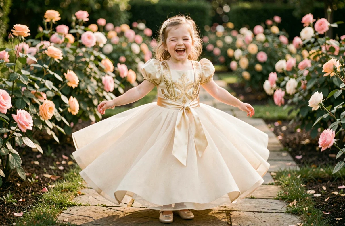 Petite fille de 5 ans en robe princesse ivoire et or en organza qui tourne sur elle-même dans un jardin fleuri, souriant avec les bras écartés