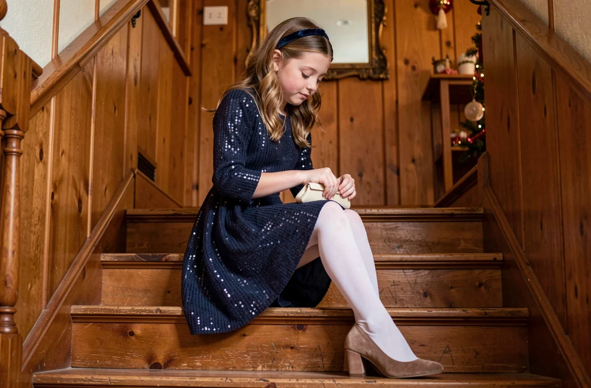 Adolescente assise sur un escalier en bois portant une robe à sequins bleu marine modeste pour le réveillon du Nouvel An, tenue festive validée par les parents