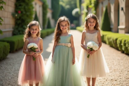 Trois fillettes en robes de cérémonie coordonnées sage green, rose poudré et ivoire dans un jardin de château français