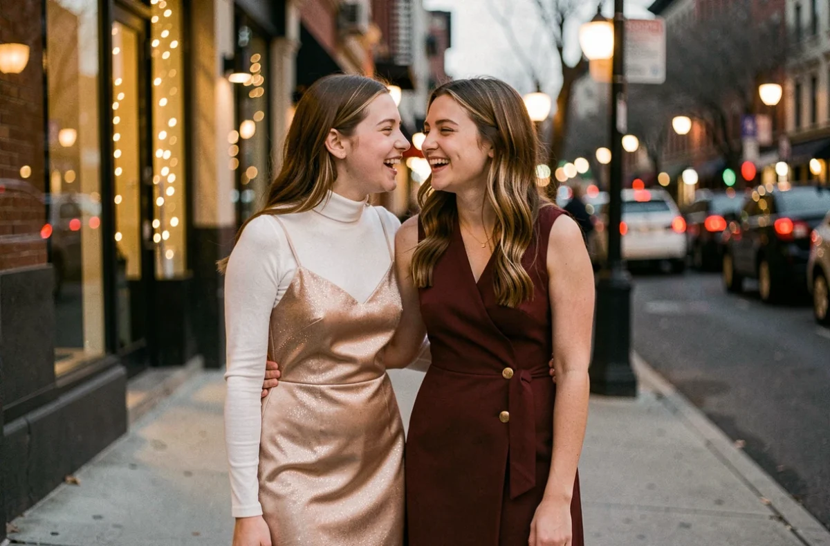 Deux adolescentes en robes festives champagne et bordeaux pour le Nouvel An, tenues élégantes et adaptées à leur âge dans une ambiance urbaine nocturne