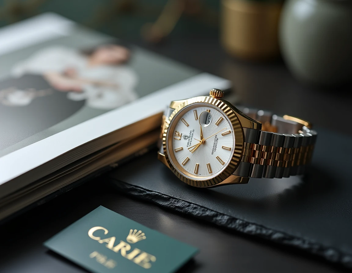 Rolex Datejust 36 cadran argenté posée sur ardoise avec catalogue de prix officiel