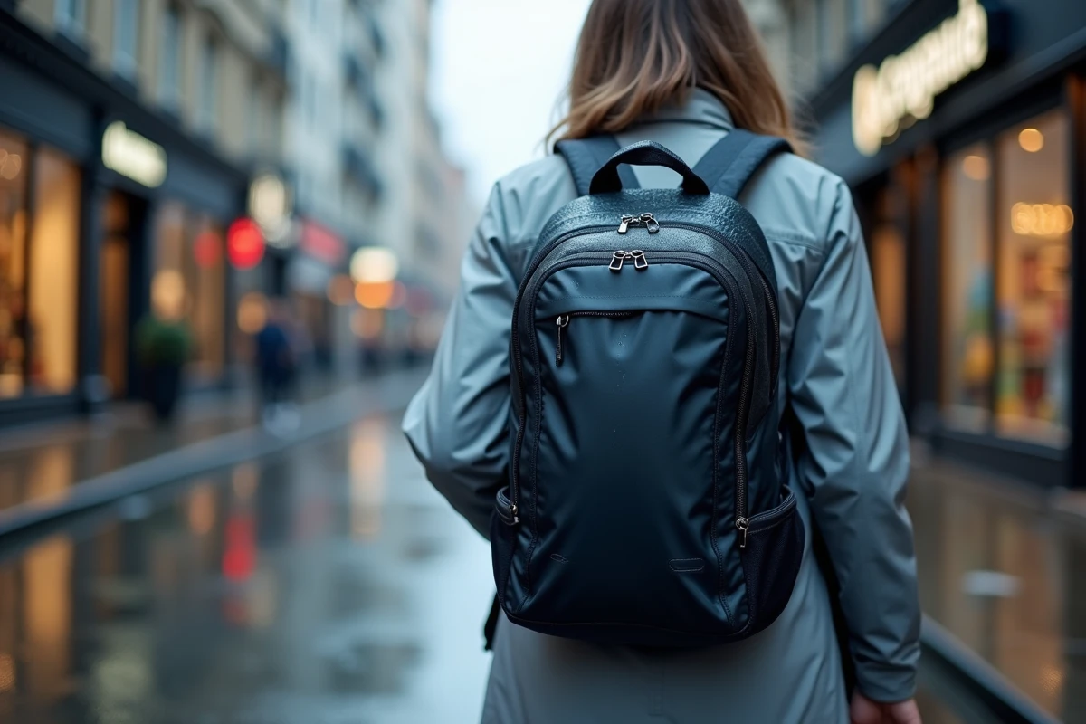 Femme portant un sac à dos imperméable sous la pluie en ville, avec gouttes d'eau visibles sur le tissu ripstop