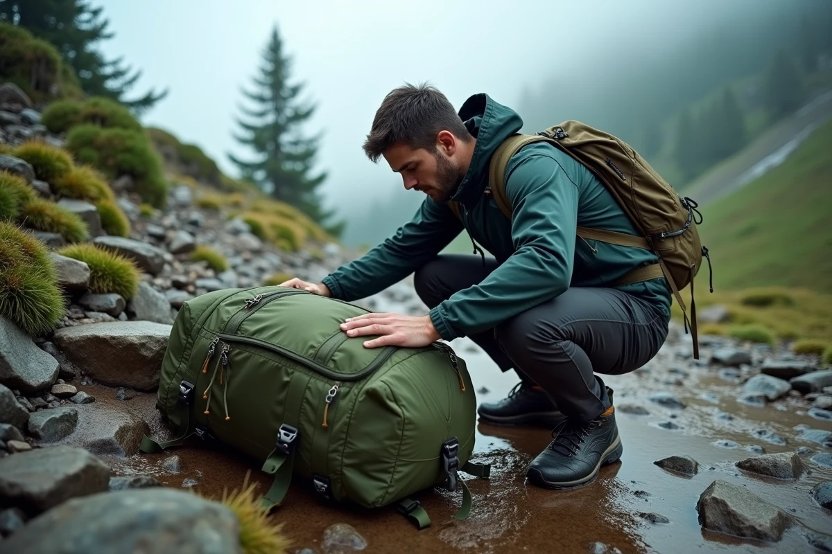 Randonneur inspectant les coutures étanches et les fermetures imperméables d'un sac à dos de randonnée sous la pluie en montagne