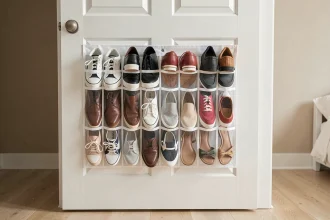 Sac de rangement chaussures suspendu sur une porte de placard avec des poches transparentes organisées