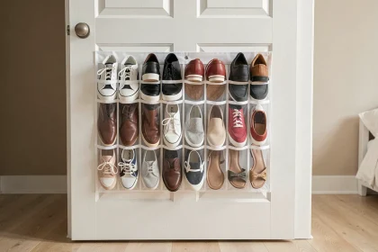 Sac de rangement chaussures suspendu sur une porte de placard avec des poches transparentes organisées