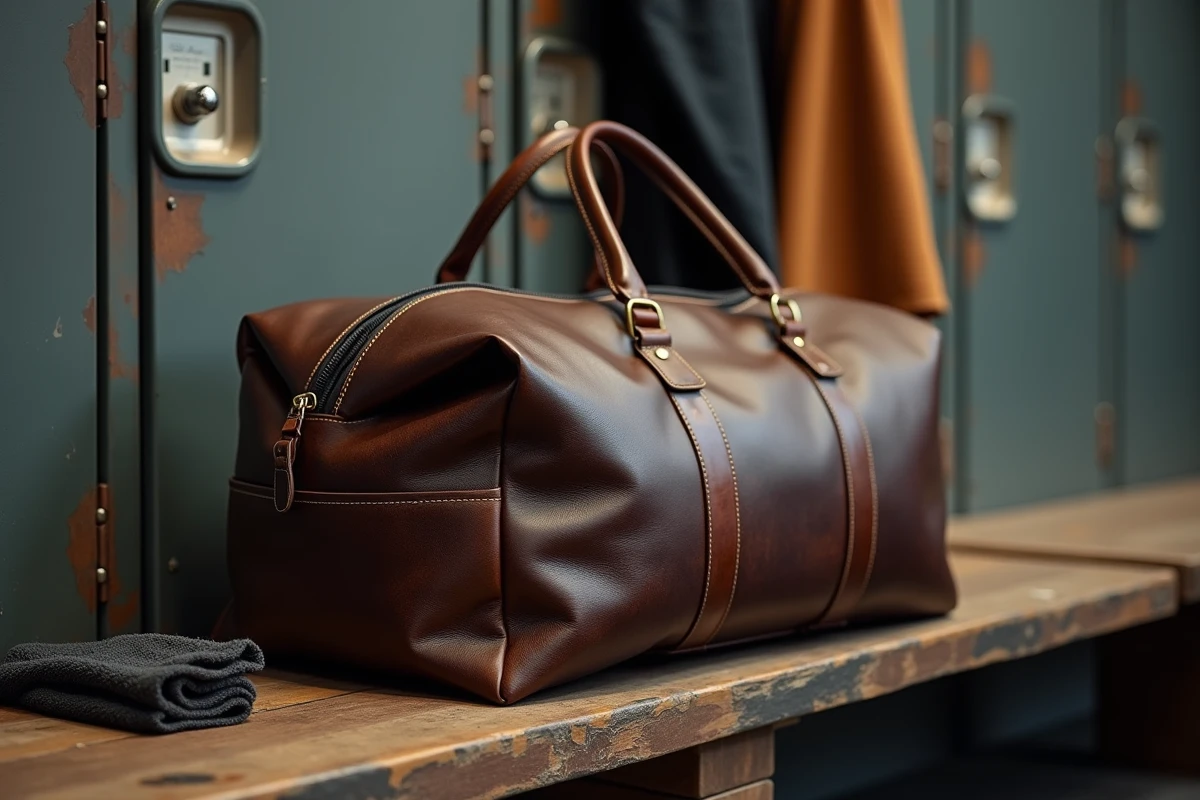 Sac de sport en cuir marron posé sur un banc de vestiaire, montrant les détails de couture et la patine naturelle du cuir durable