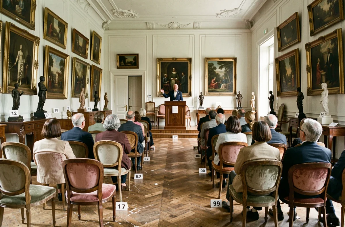 Salle des ventes à l'Aulnette avec commissaire-priseur et lots d'objets anciens prêts à être adjugés