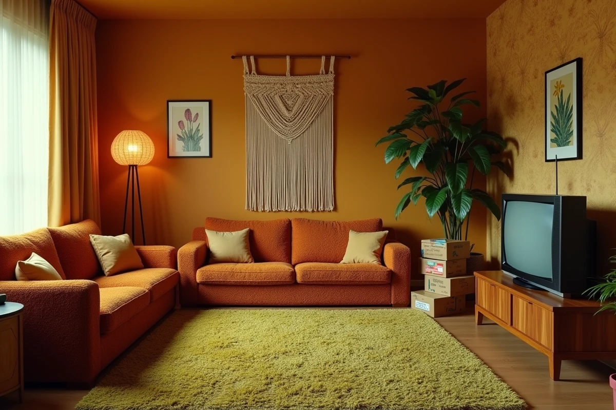 Salon décoré dans un style authentique des années 70 avec moquette orange, canapé modulable et panneau en bois