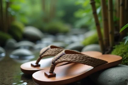 Paire de sandales geta japonaises en bois laqué posées sur des pierres dans un jardin zen
