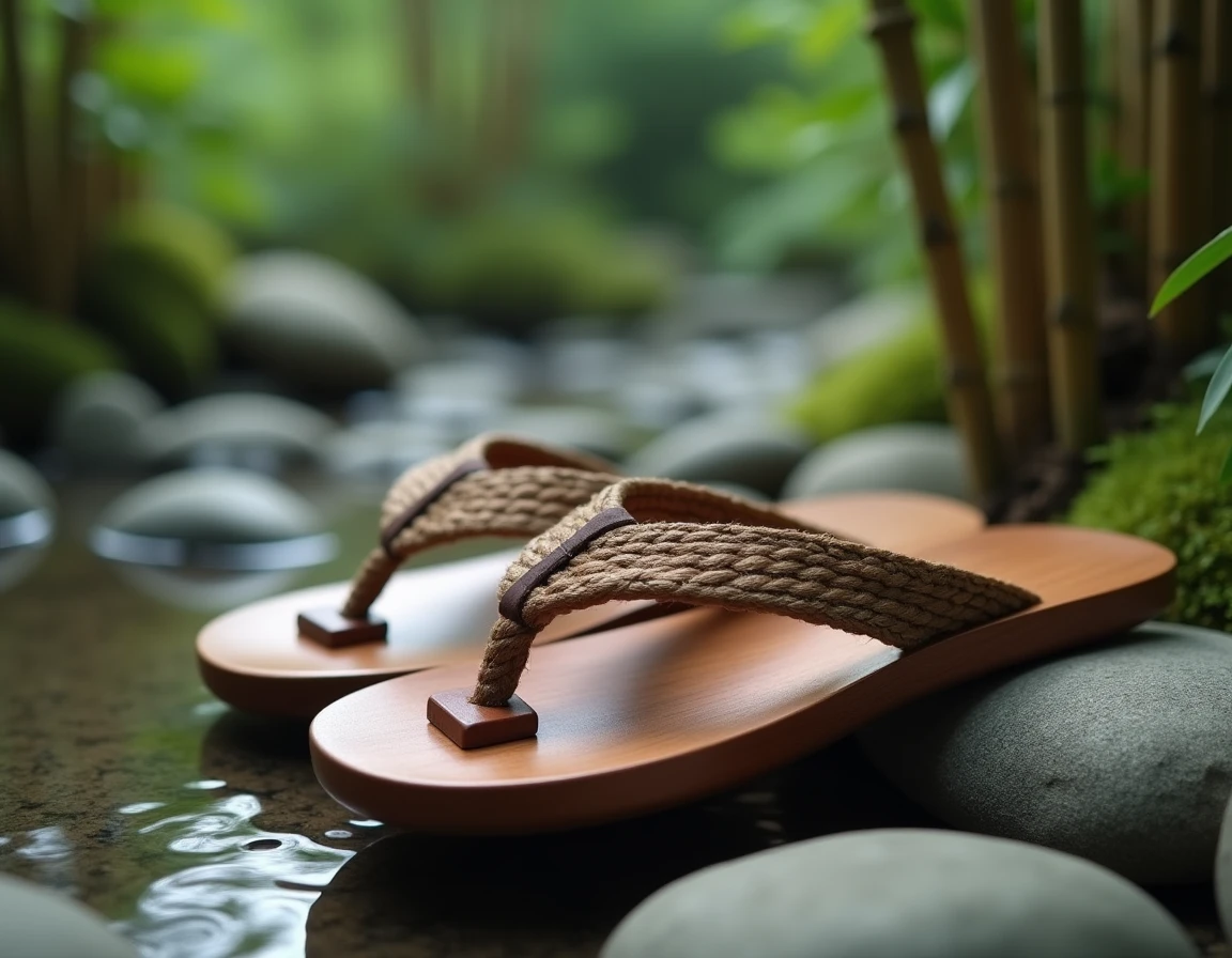 Paire de sandales geta japonaises en bois laqué posées sur des pierres dans un jardin zen