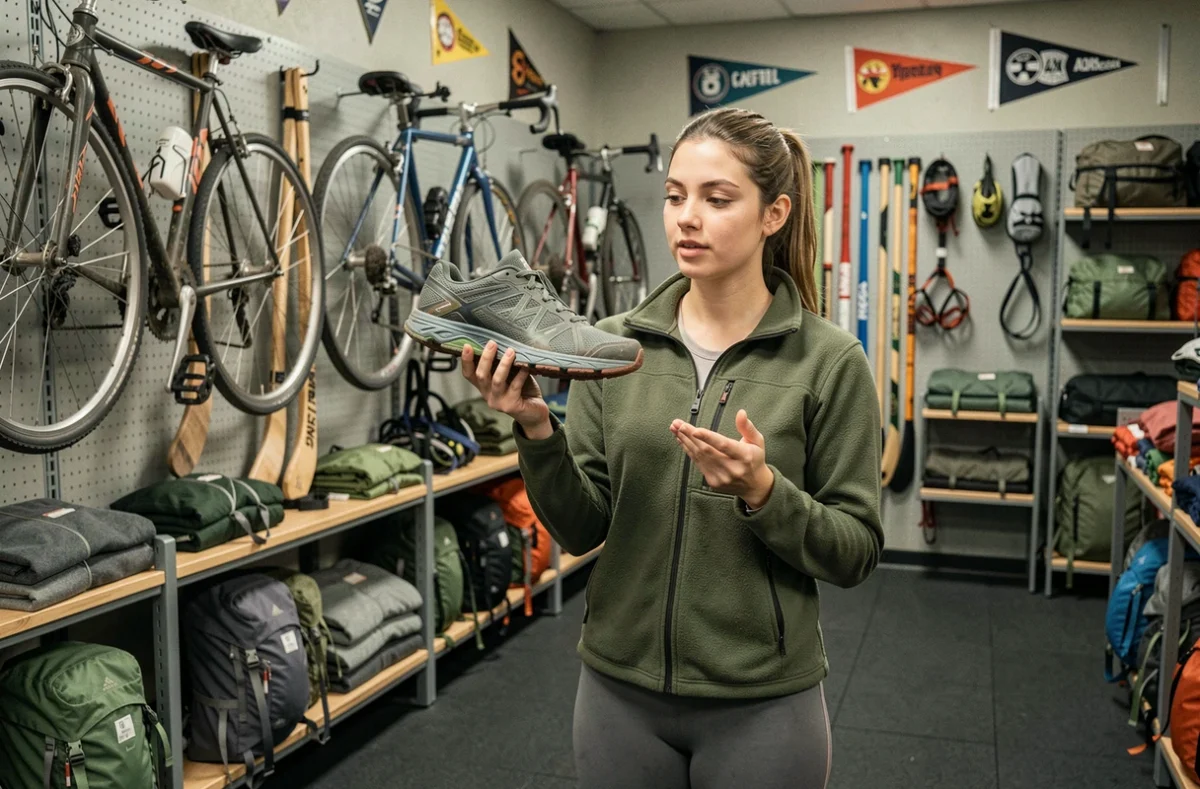Jeune femme examinant une chaussure de trail d'occasion dans la boutique Seconde Manche spécialisée en sport