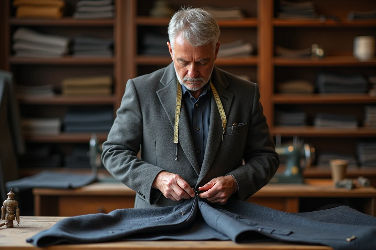 Tailleur mesurant une poche de manteau en atelier