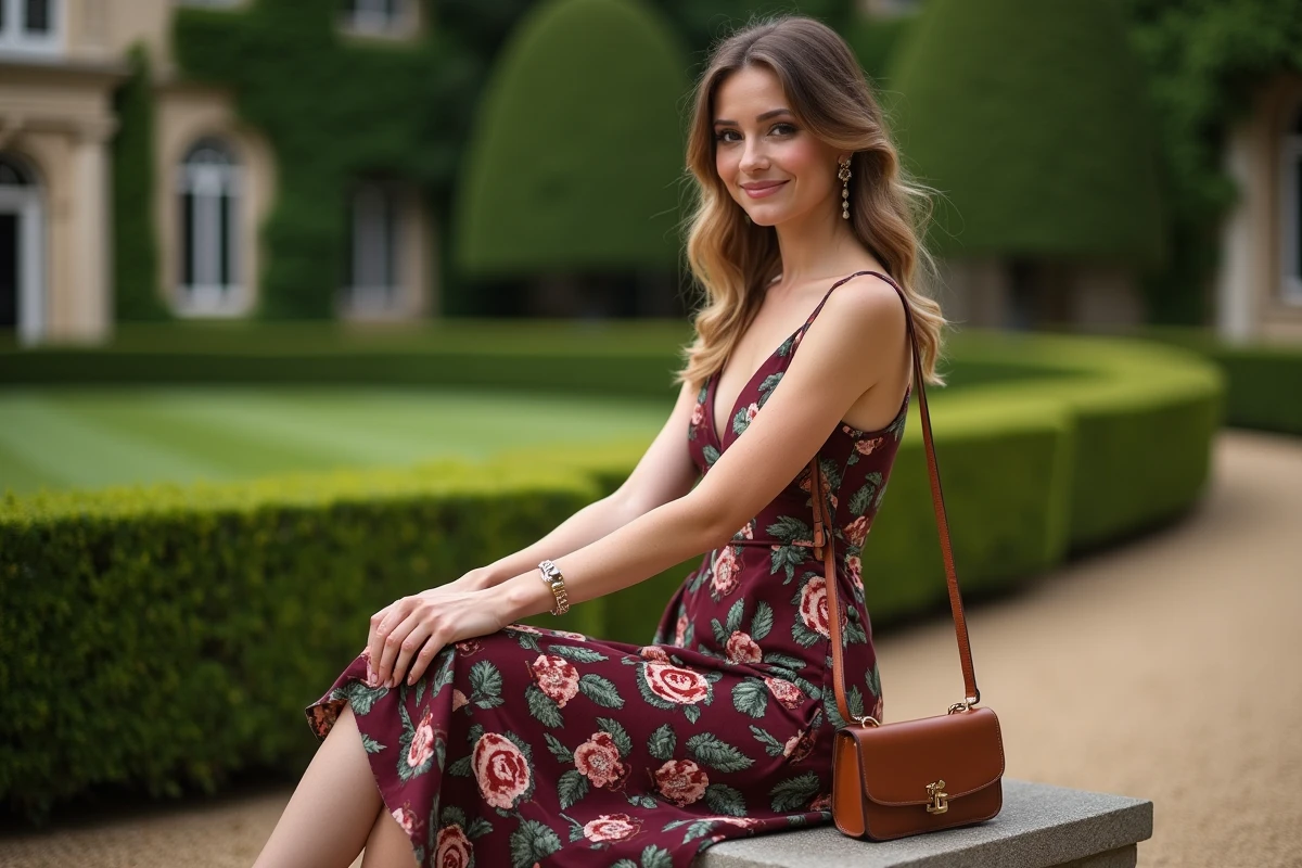 Femme assise en robe cocktail fleurie bordeaux et vert accessoirisée avec sandales cognac, sac structuré et bijoux dorés dans un jardin de cérémonie