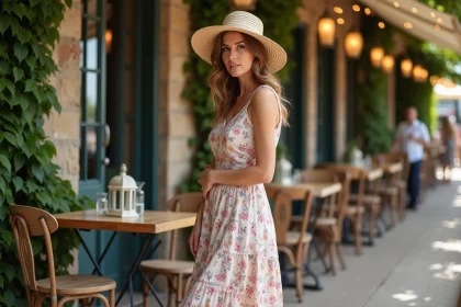 Femme en tenue guinguette réussie avec robe fleurie midi, chapeau de paille et sandales blanches dans un café de bord de rivière