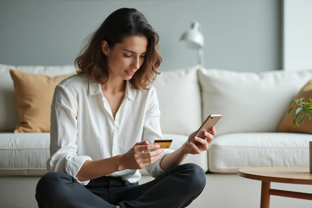 Femme assise sur un canapé vérifiant attentivement son téléphone avec une carte bancaire en main, symbolisant la prudence lors des achats en ligne sur The Bradery pour éviter les erreurs