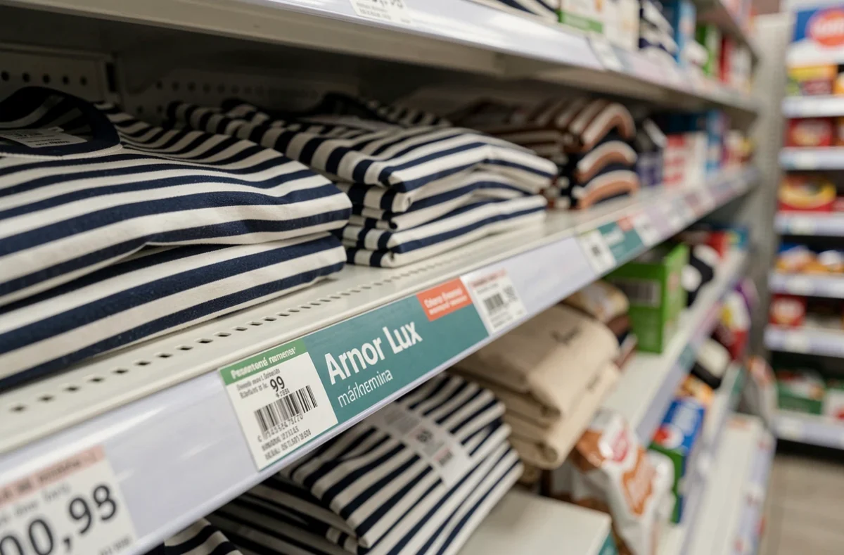 Vignette promotionnelle Intermarché placée sur un rayon à côté de marinières Armor Lux en rayures marine et blanc