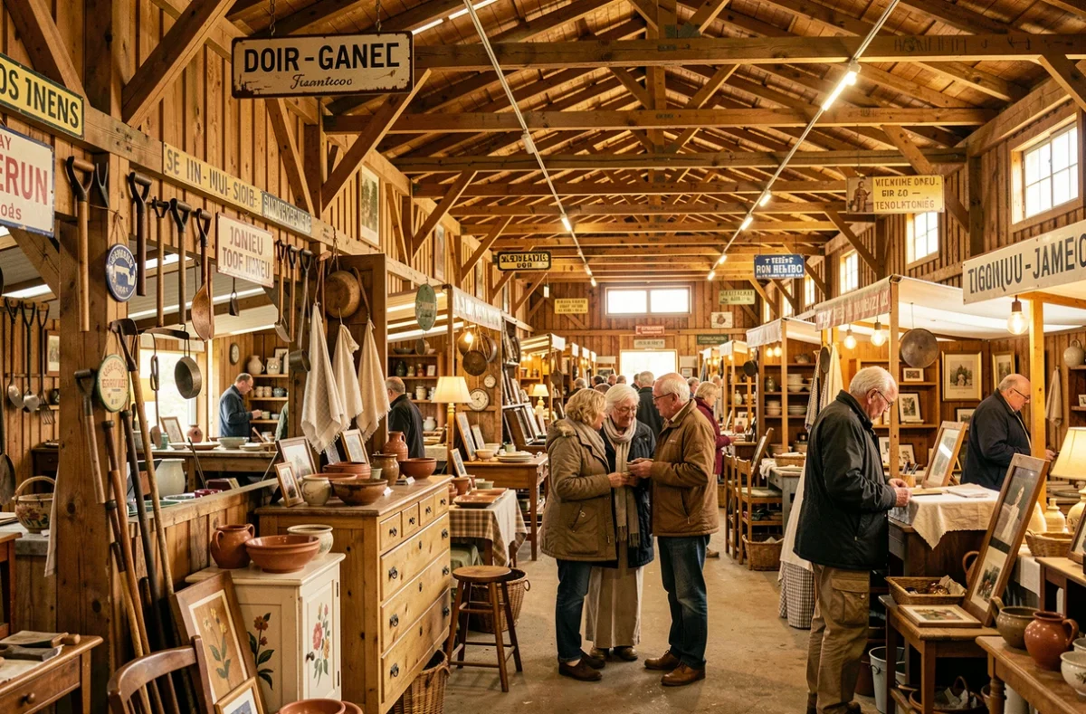 Le Village des Brocanteurs à Tignieu-Jameyzieu, grand marché couvert avec stands de brocante, meubles rustiques, faïences et enseignes émaillées dans une halle aux poutres apparentes.